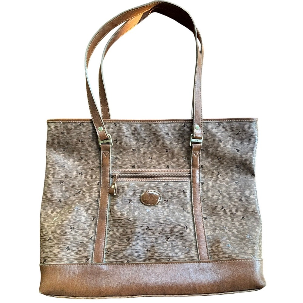 Vintage Allan Edward Monogram Tote Brown Leather‎ Trim Bag